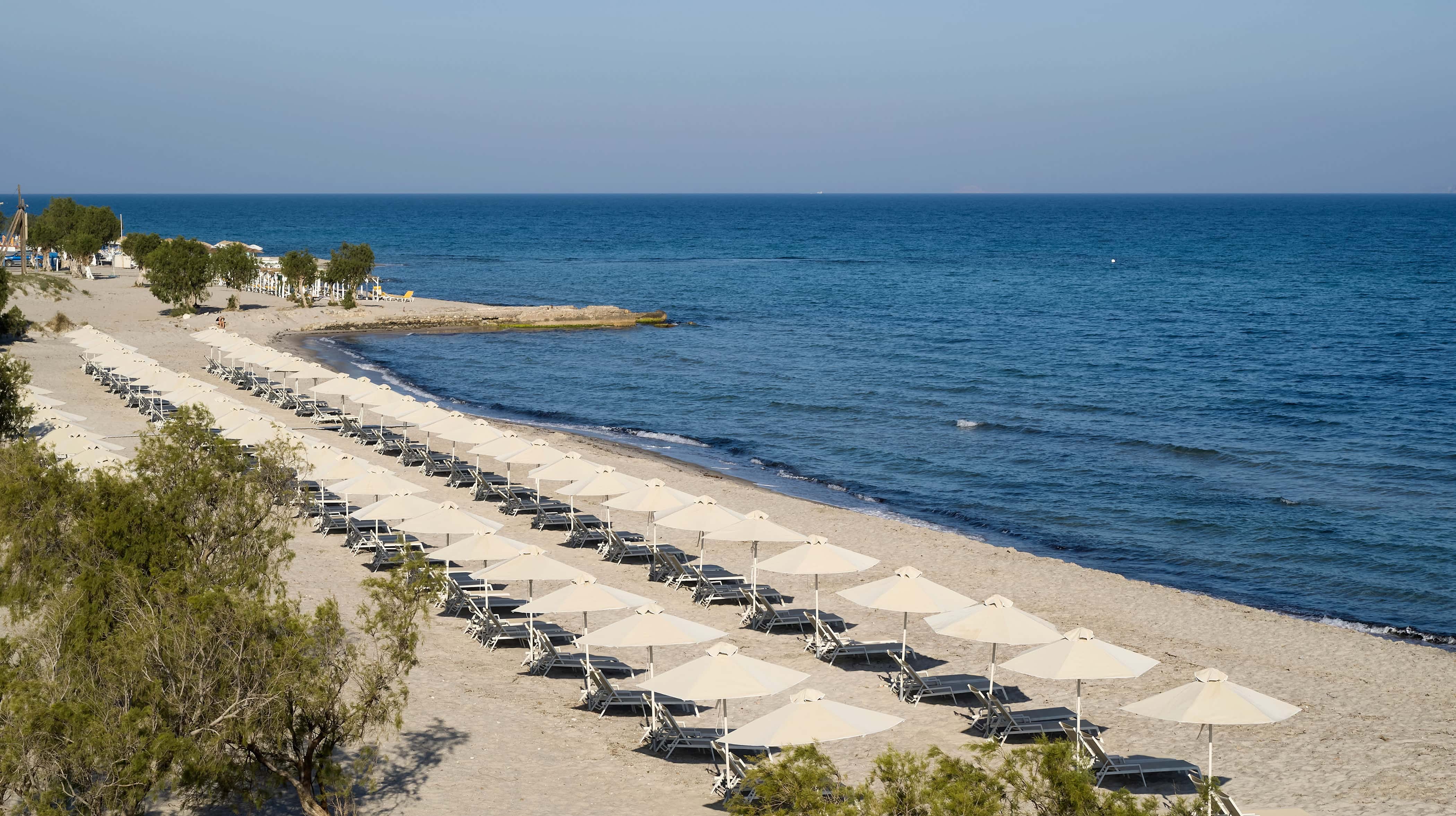 a beach with white umbrellas
