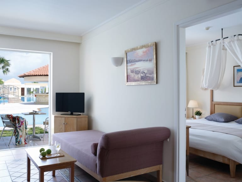 a bedroom with a tv and a bed