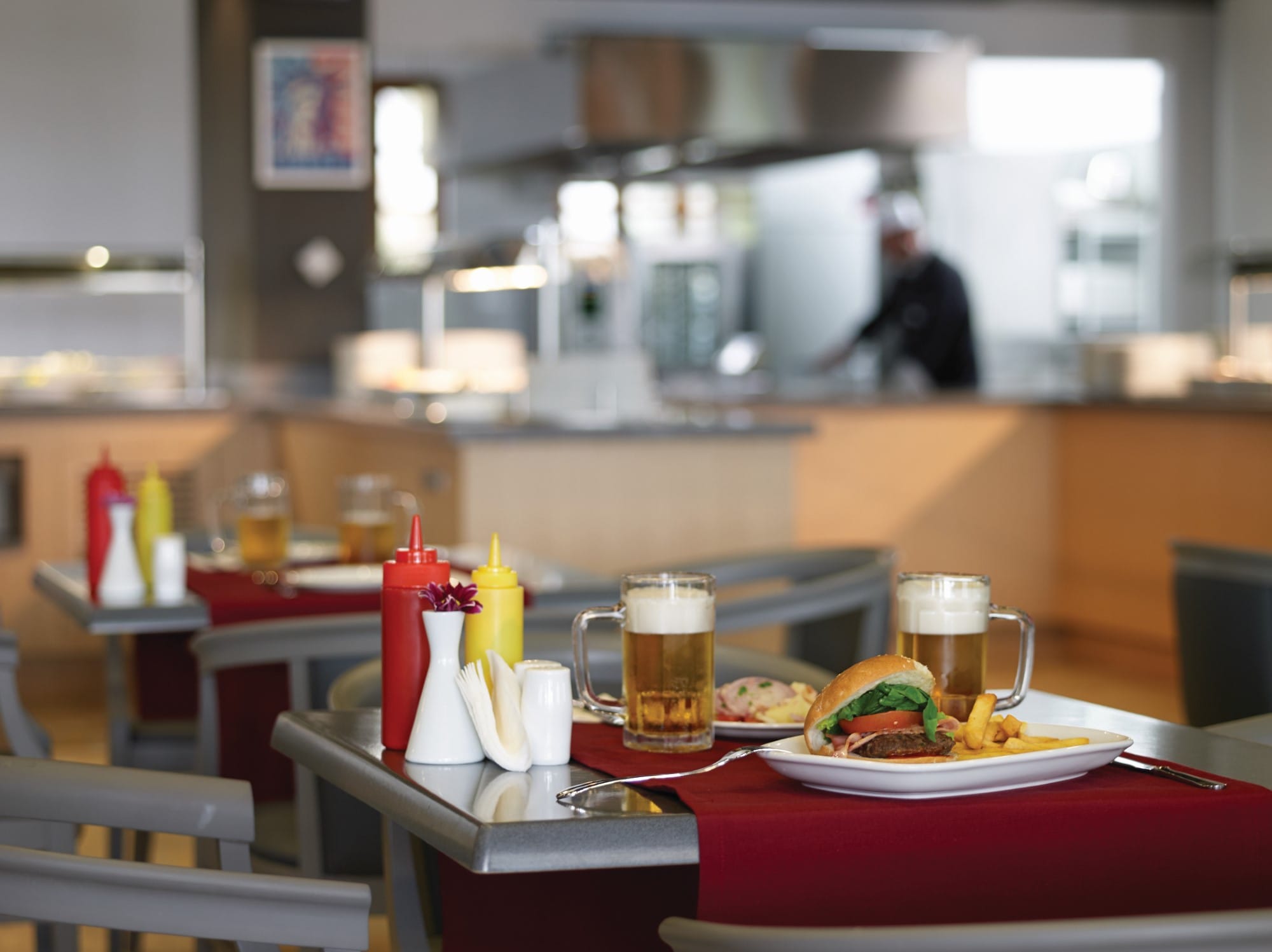 a kitchen with a table and food