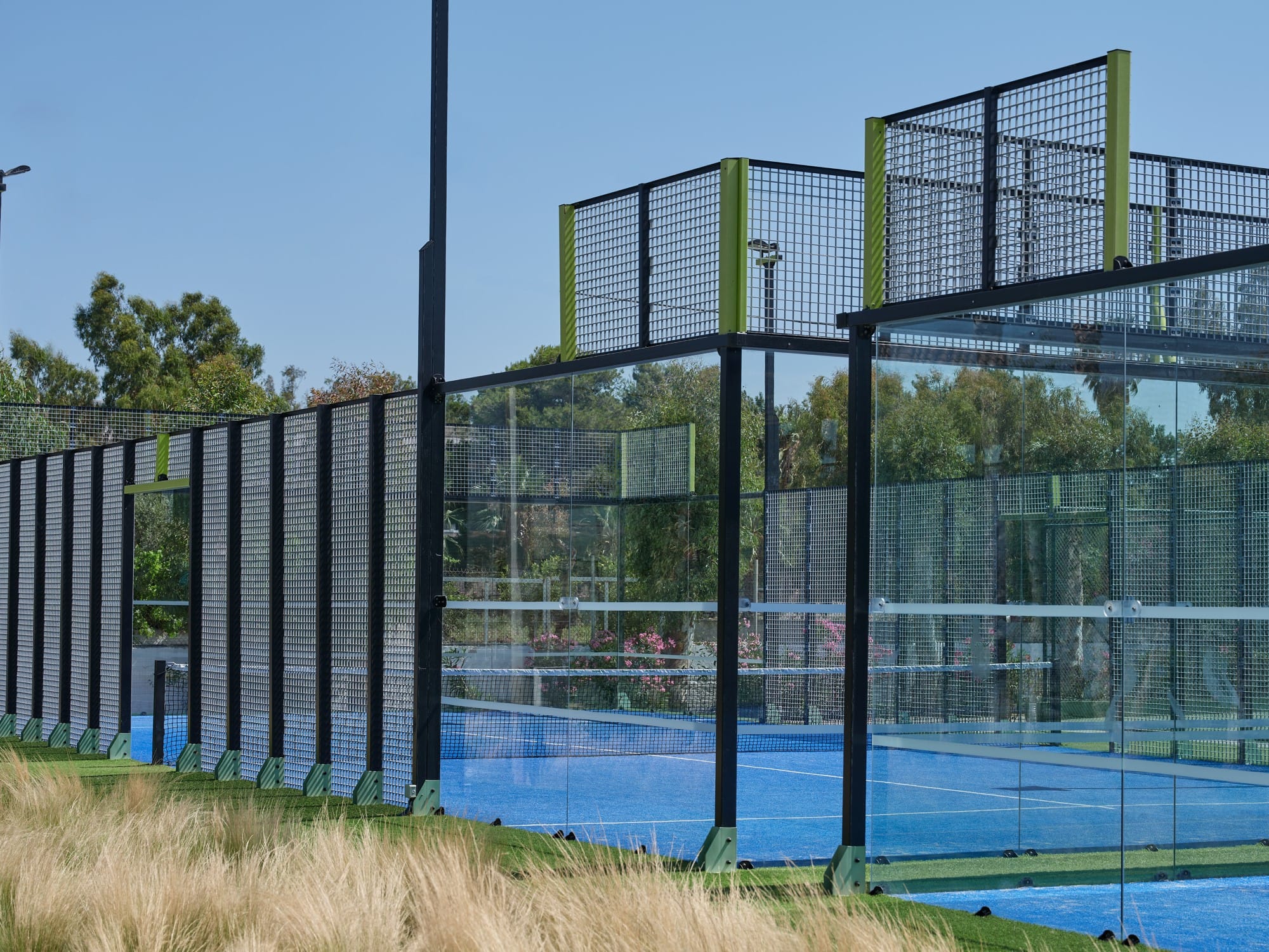 a black gate with a pool in the background