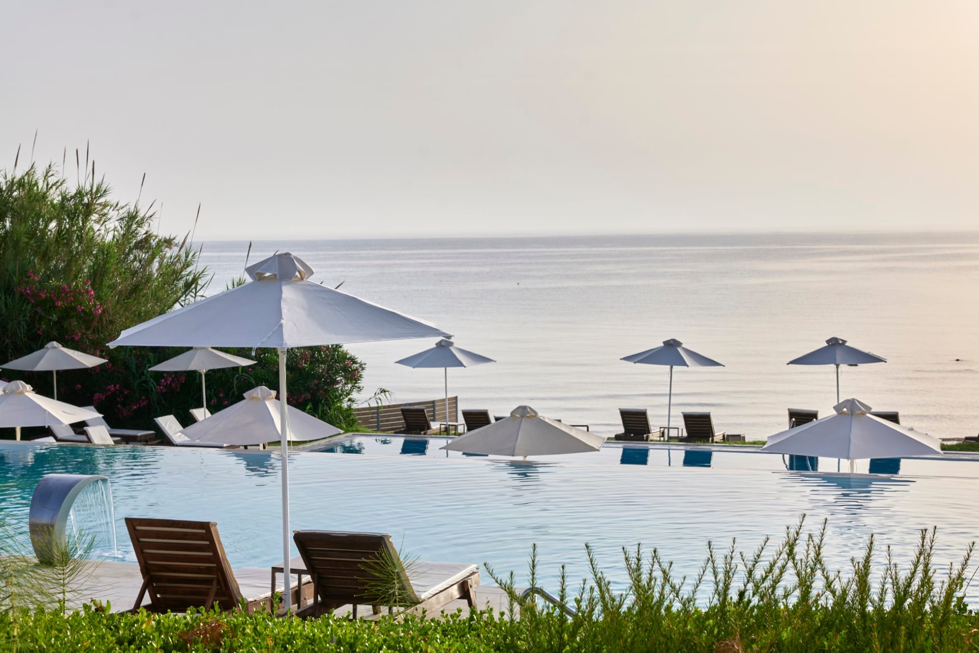 a beach with umbrellas