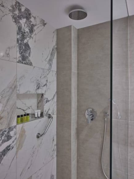 a shower with a glass door