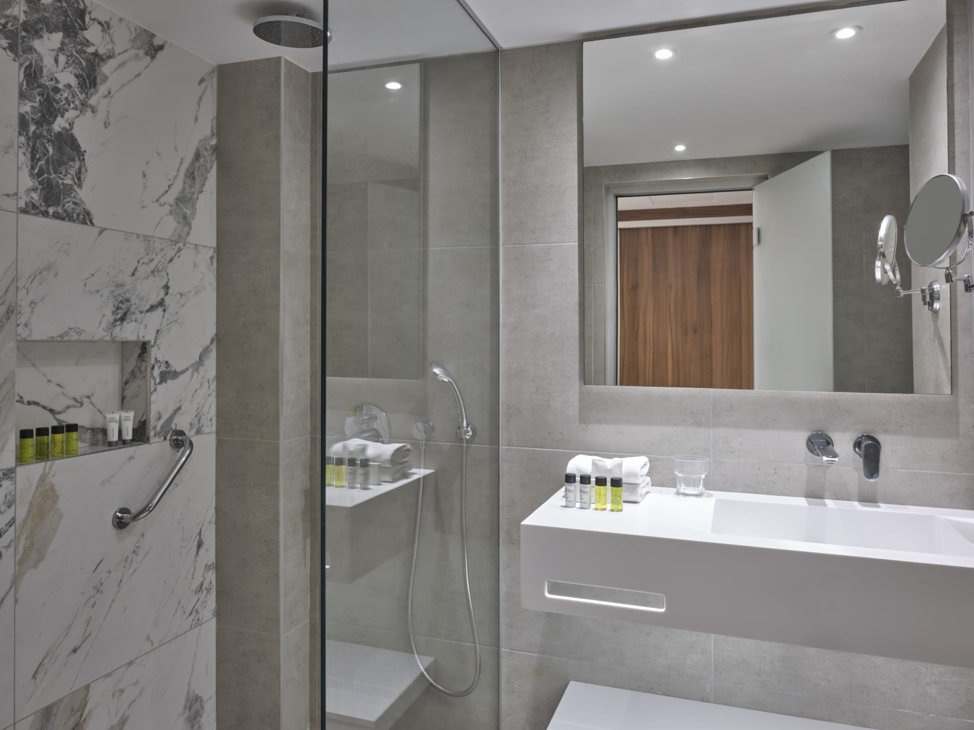 a bathroom with a glass shower