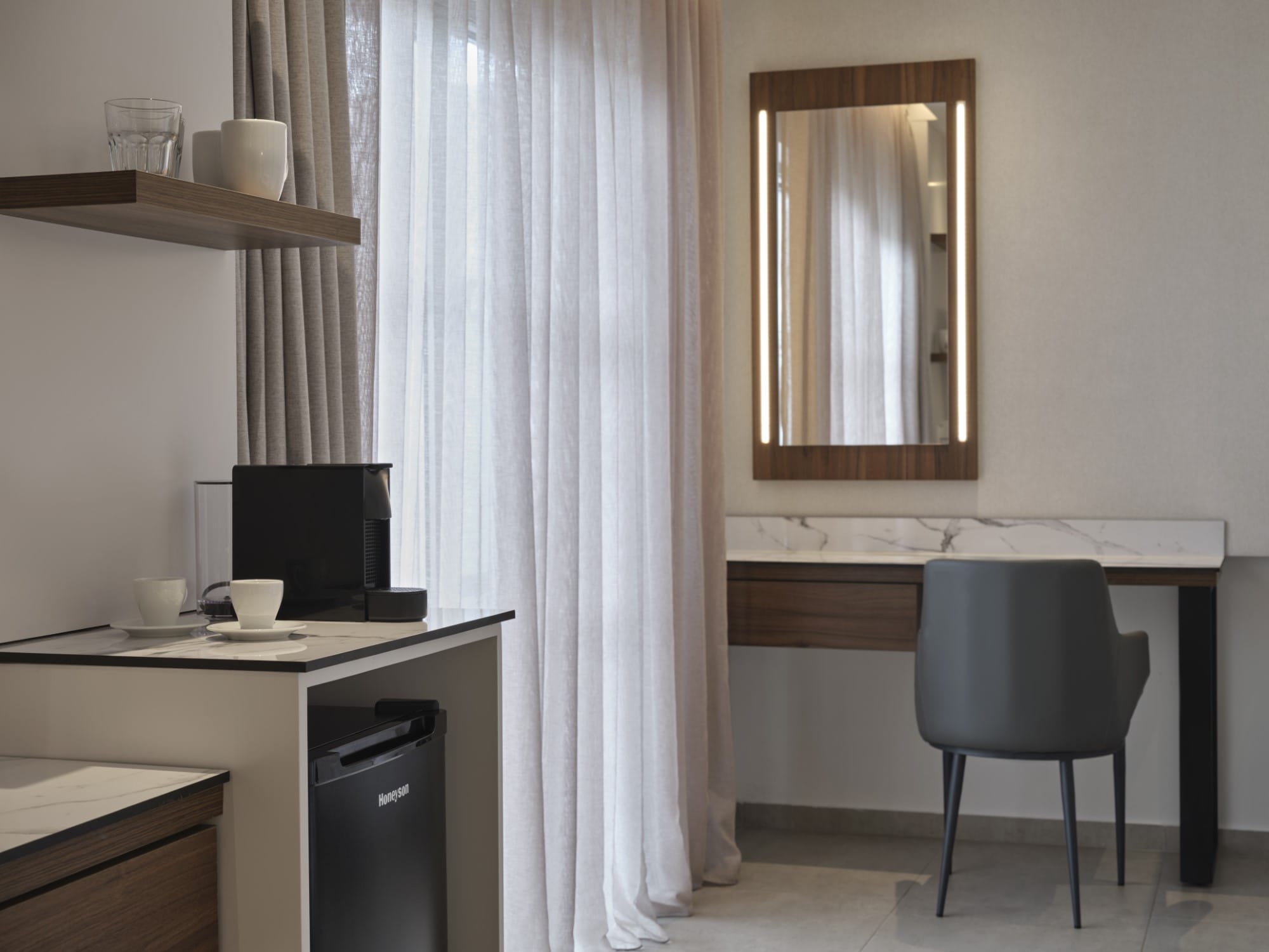 a room with a desk and a chair