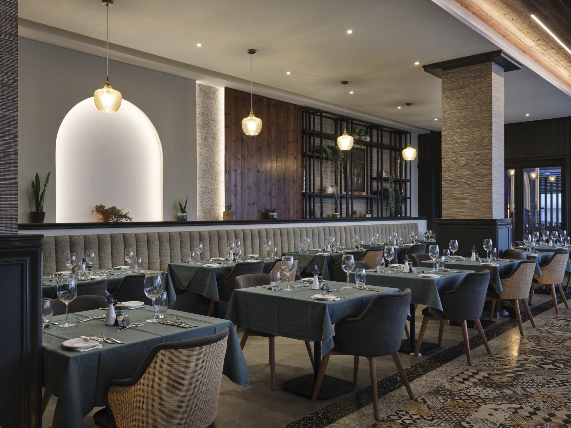 a room with tables and chairs