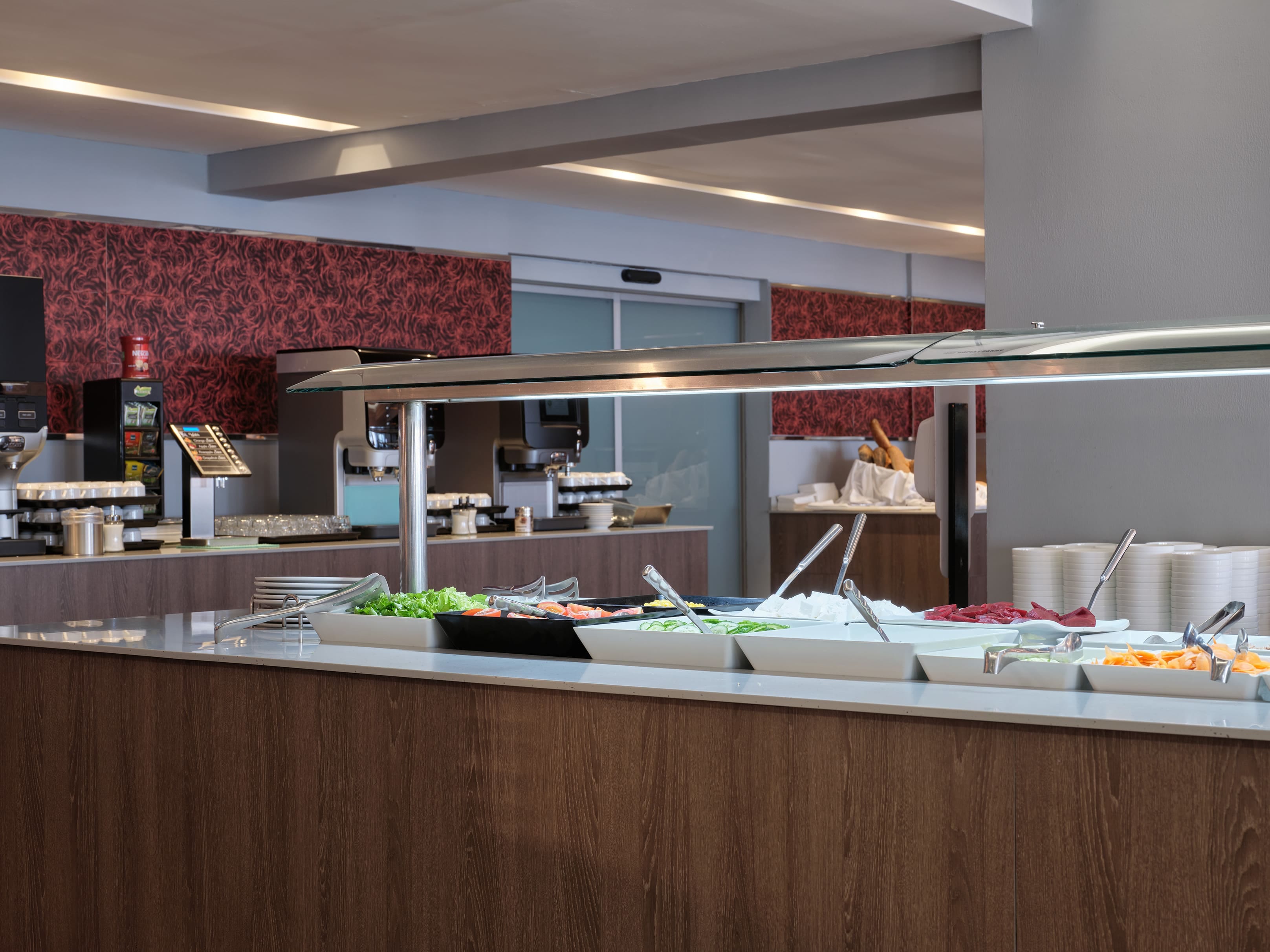 a kitchen with a counter and food