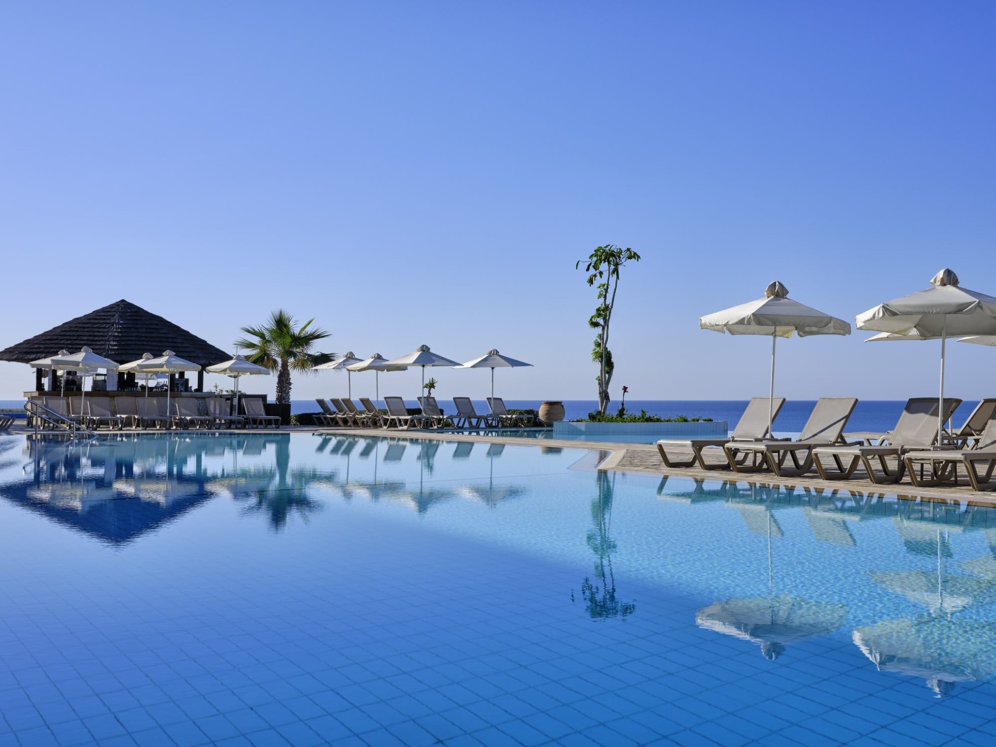 a pool with chairs and umbrellas