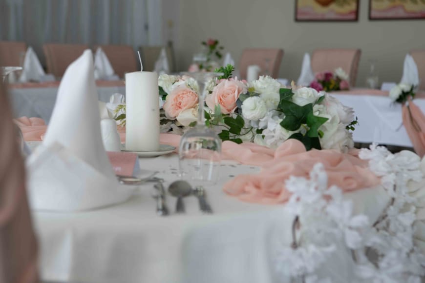 a table with white flowers