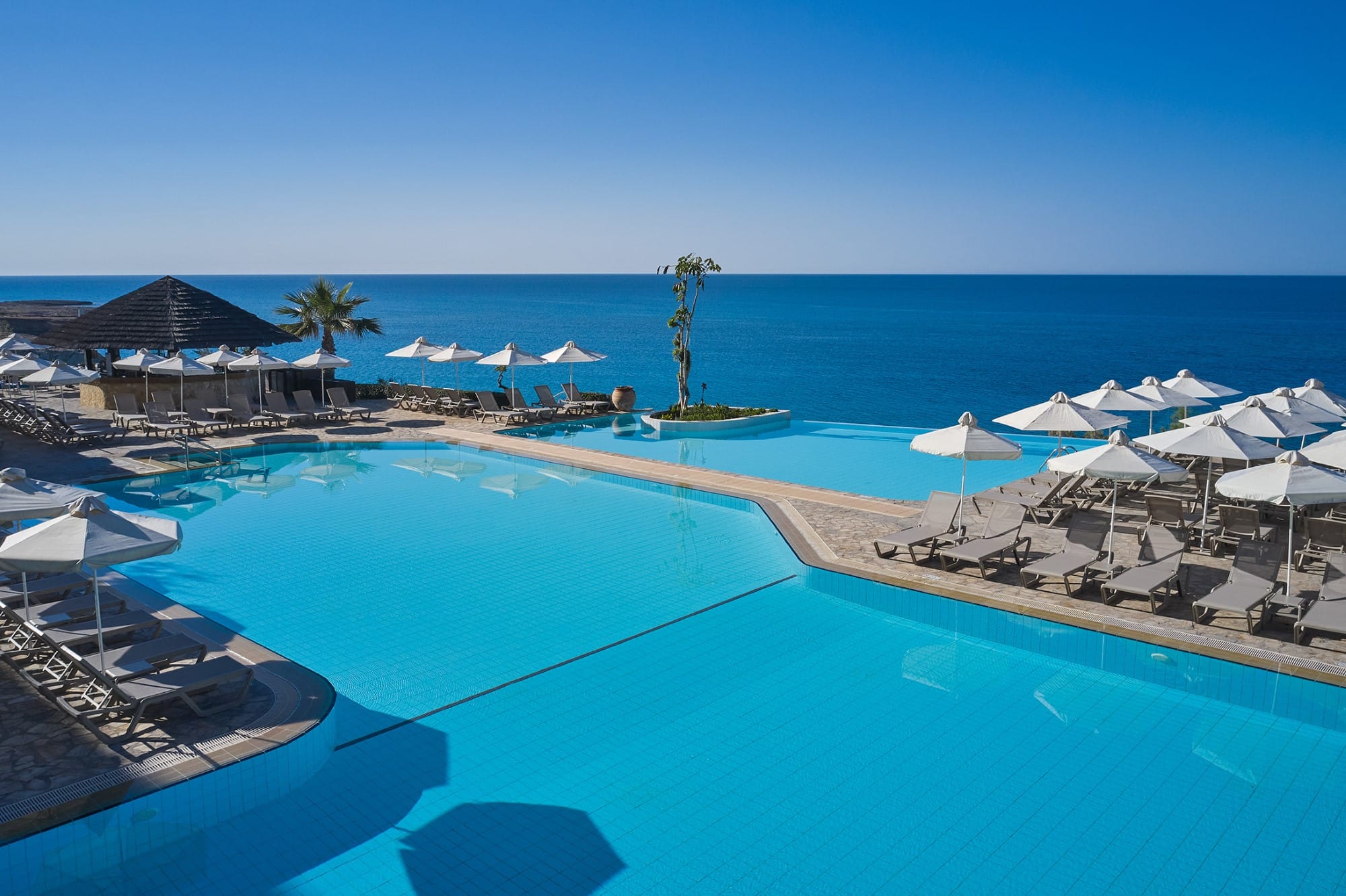 a pool with umbrellas and chairs by it