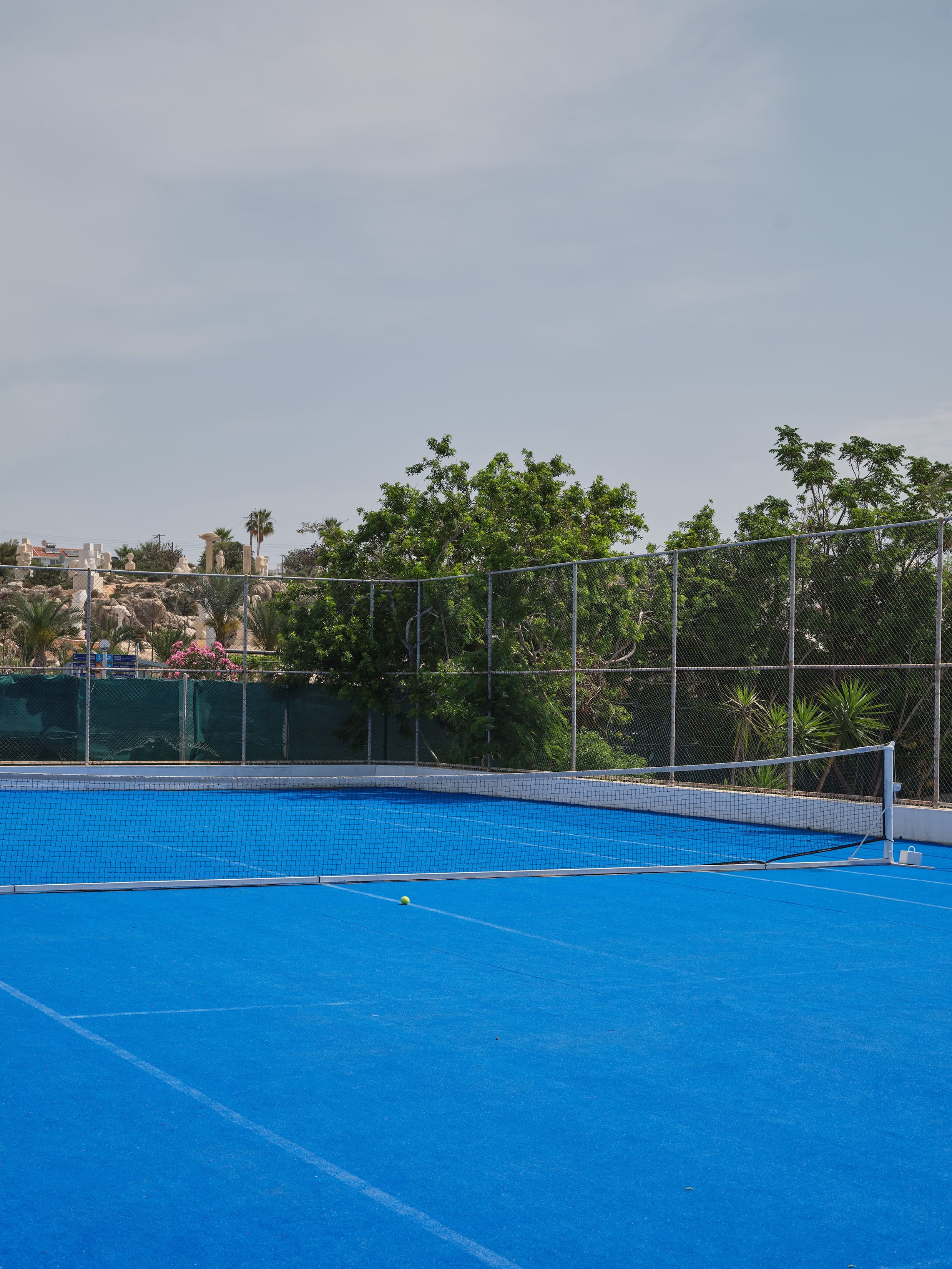 a tennis court with trees in the background