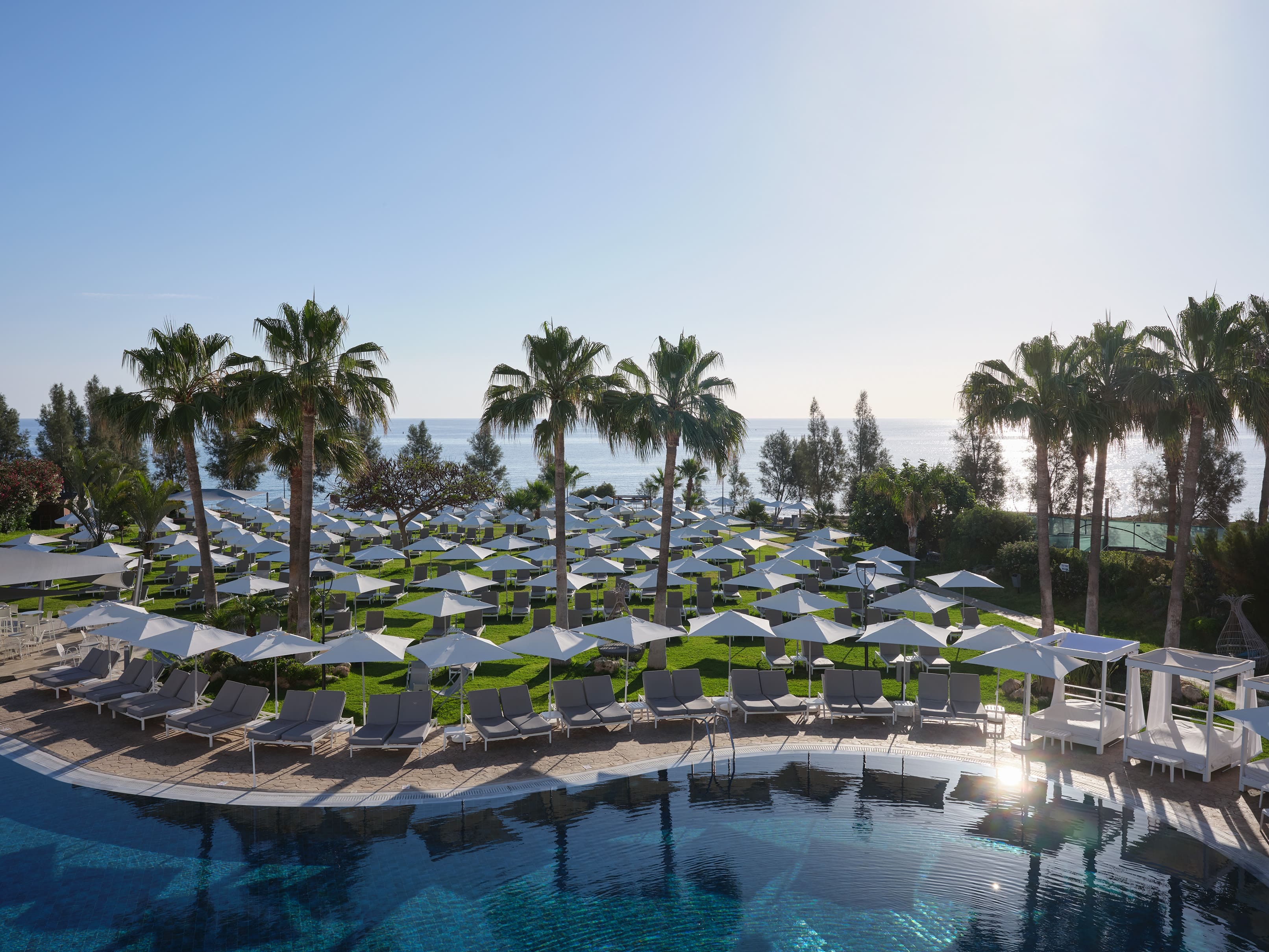 a pool with umbrellas and chairs by a beach