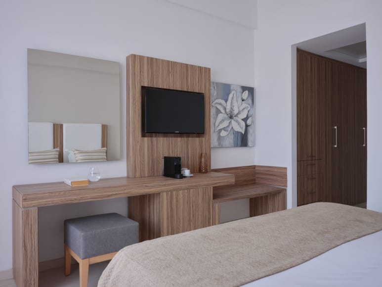 a room with a tv and a bed