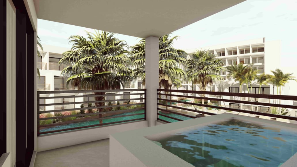 a pool with a deck and trees