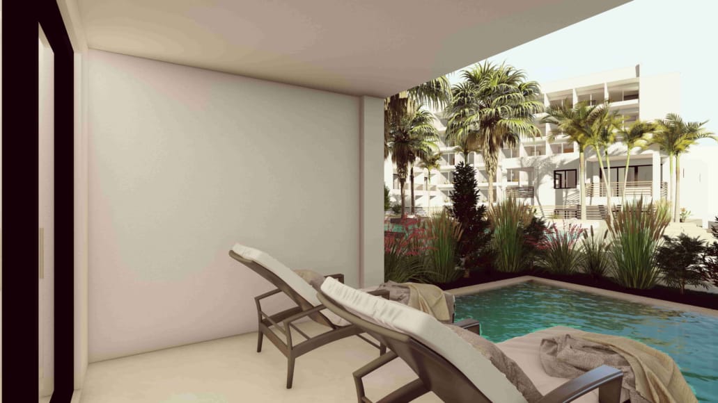 a pool and chairs in a room