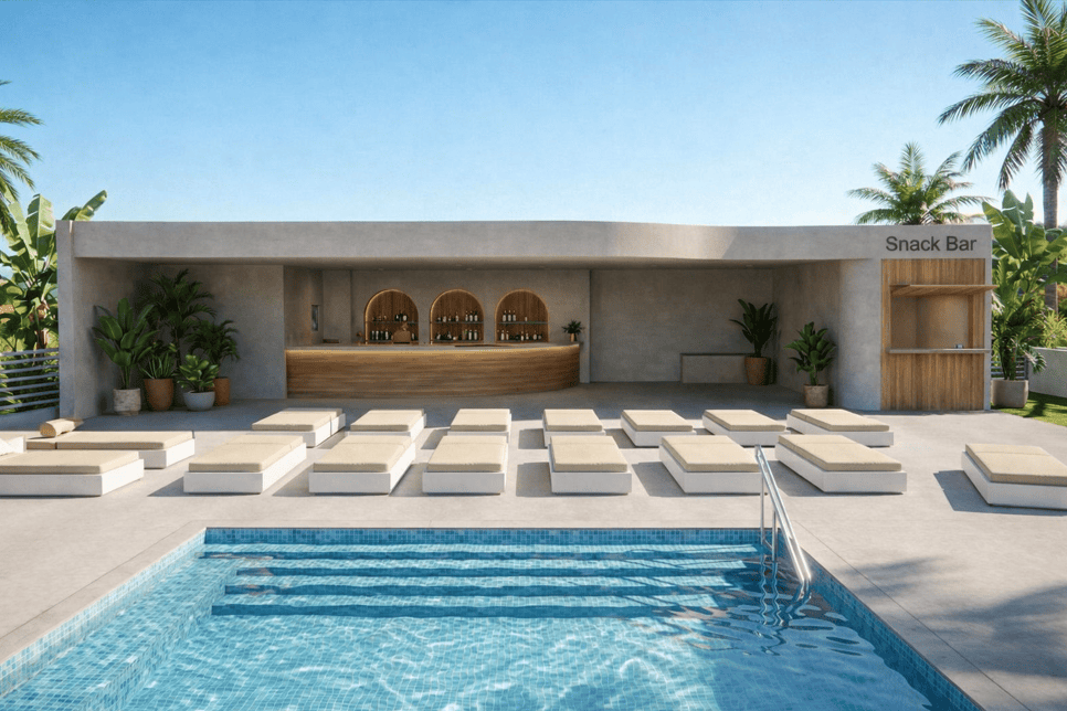 a swimming pool with a building in the background