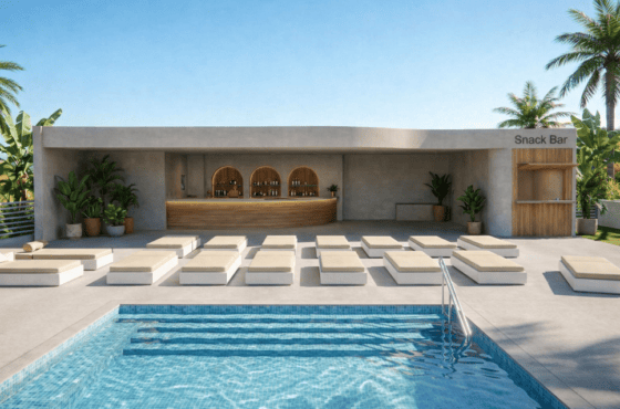 a swimming pool with a building in the background