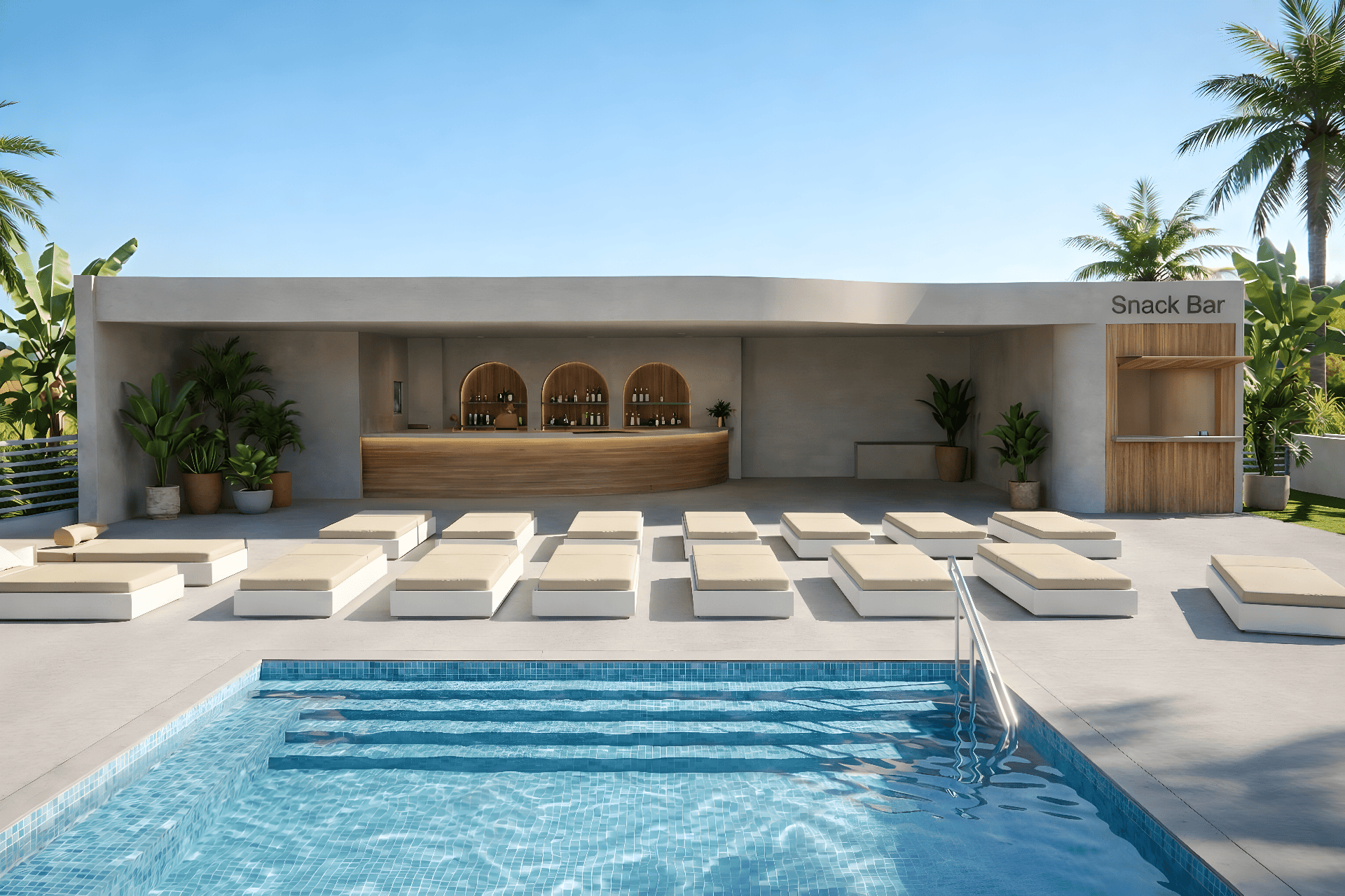 a swimming pool with a building in the background