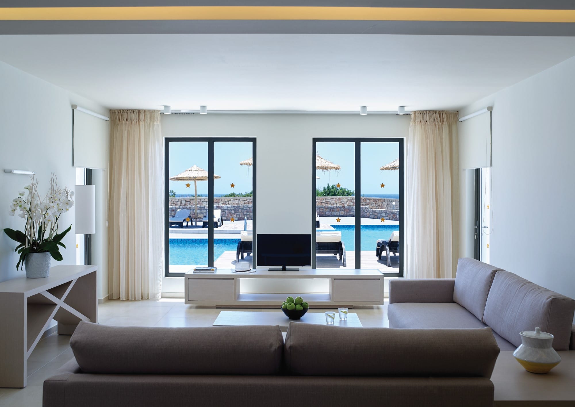 a living room with a large window