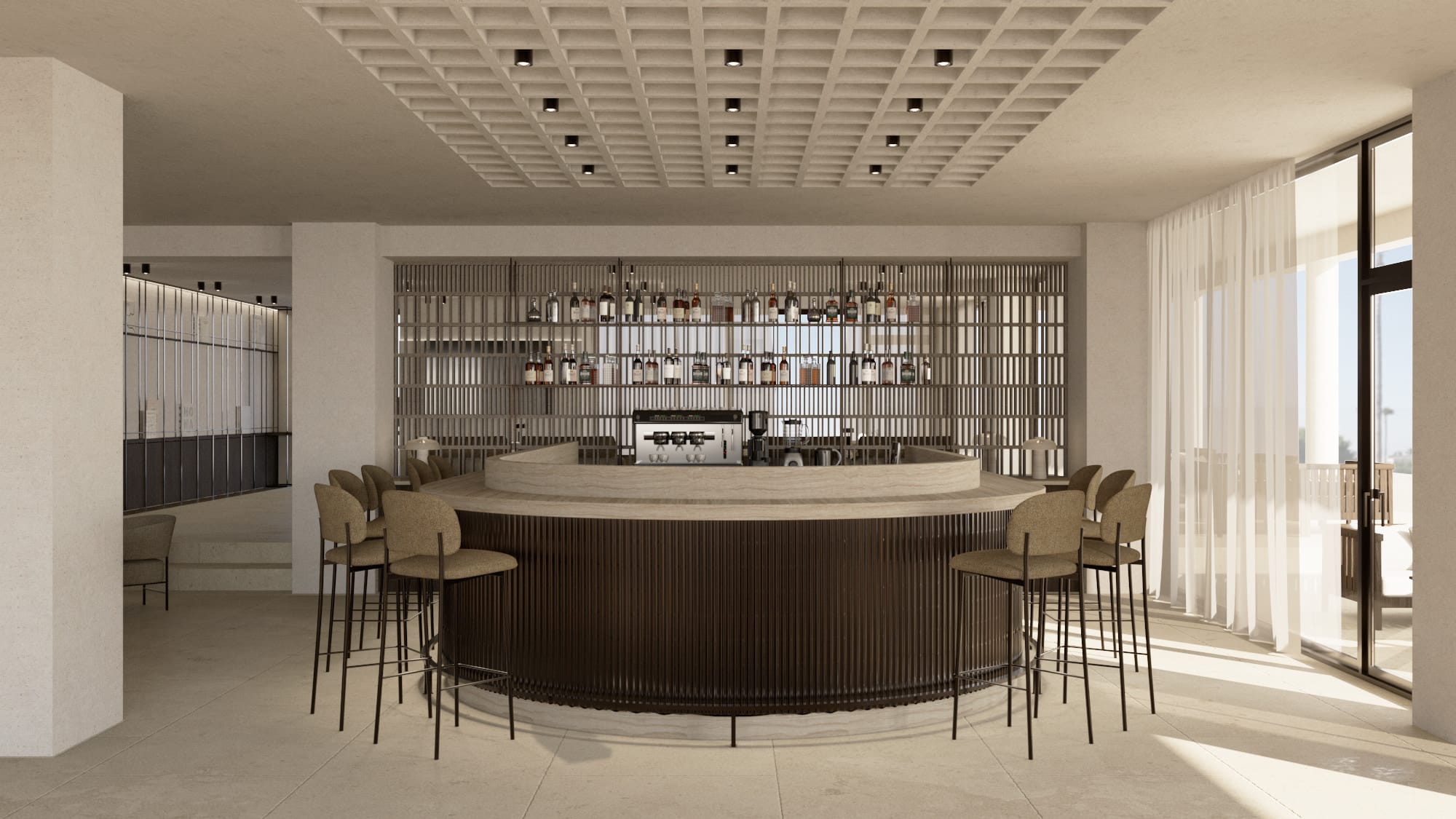 a room with a table and chairs