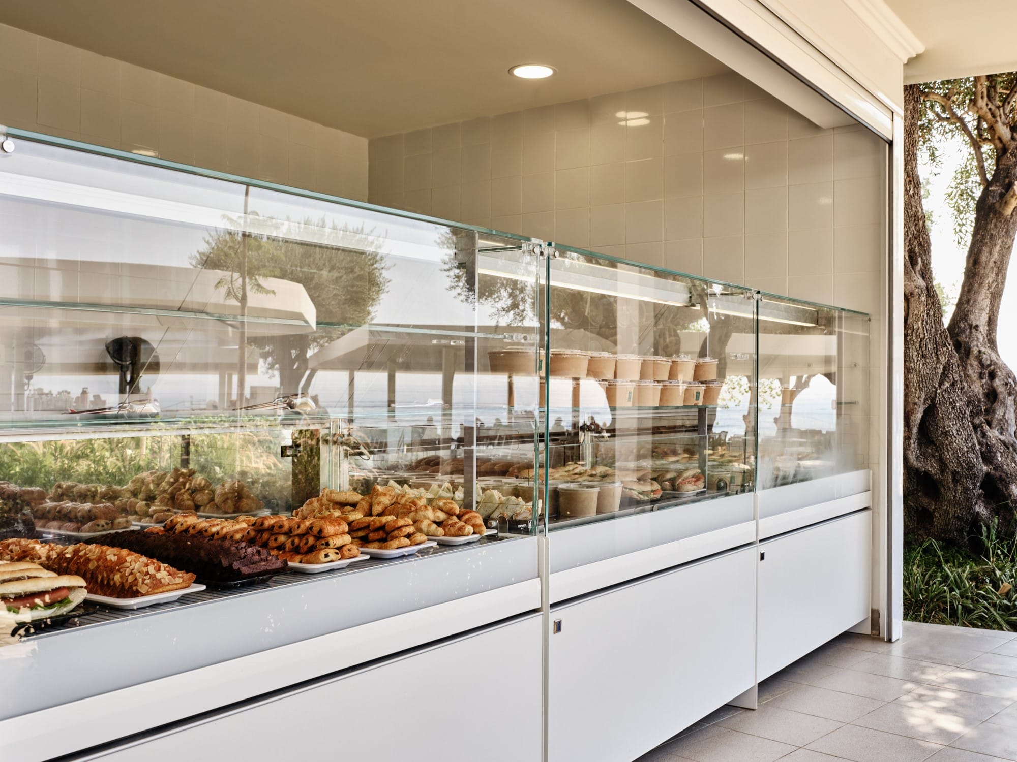 a large glass case with food
