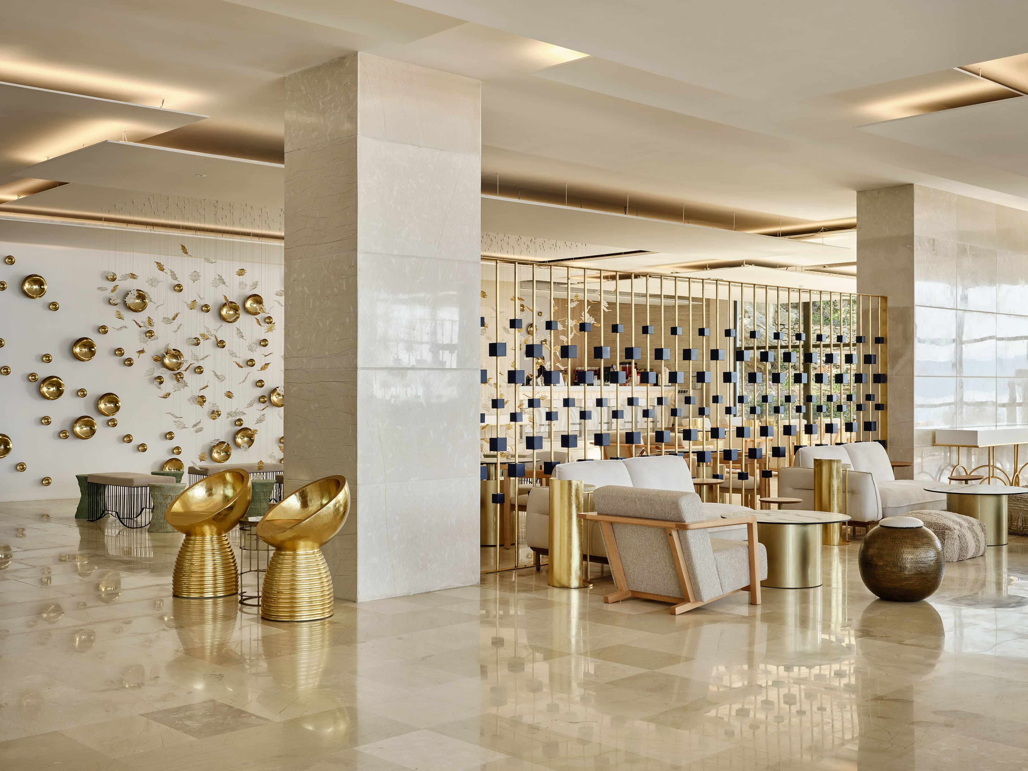 a large room with tables and chairs