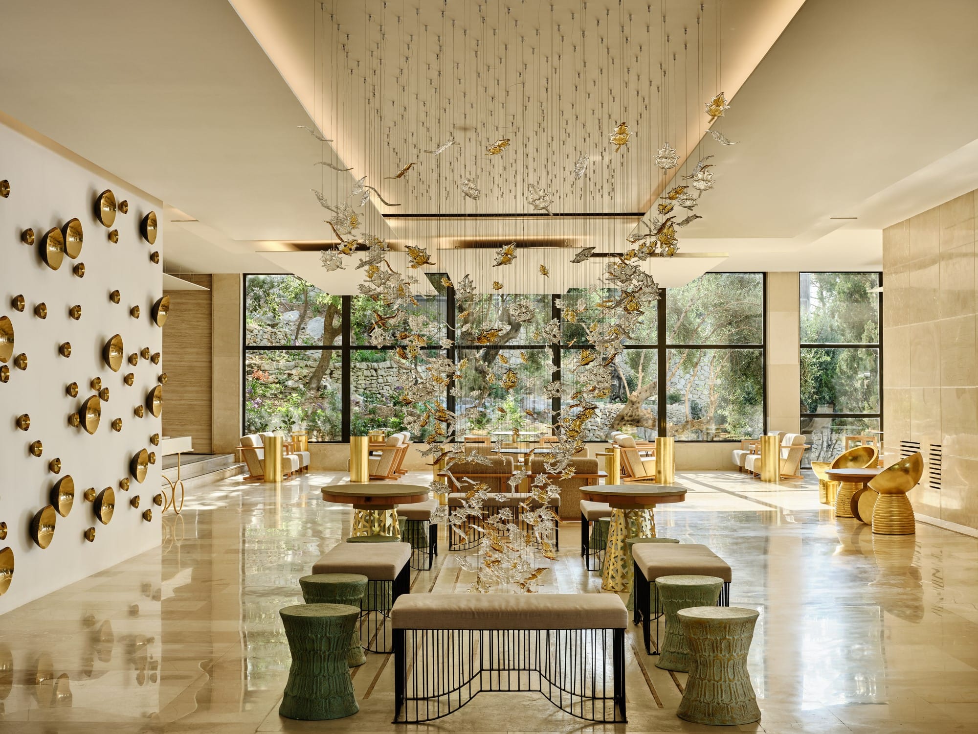 a large room with tables and chairs