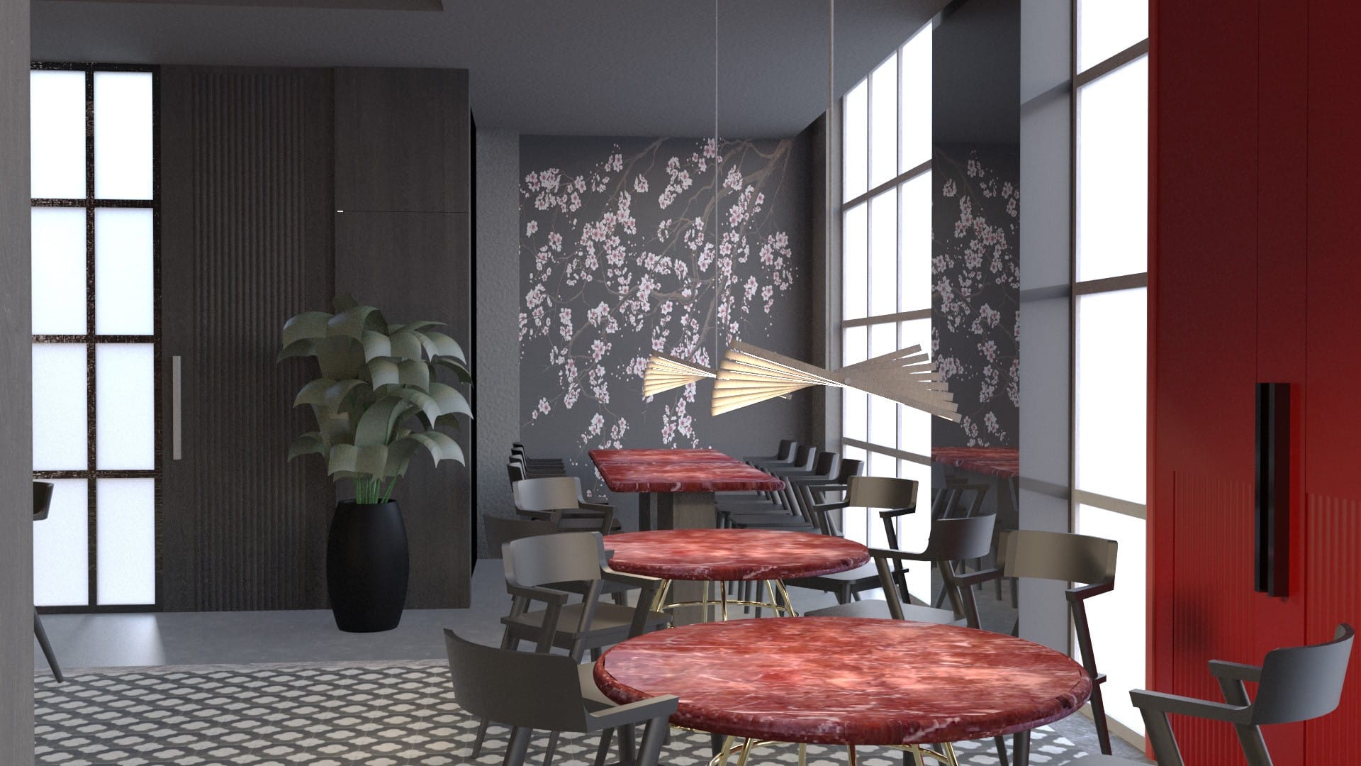 a room with tables and chairs