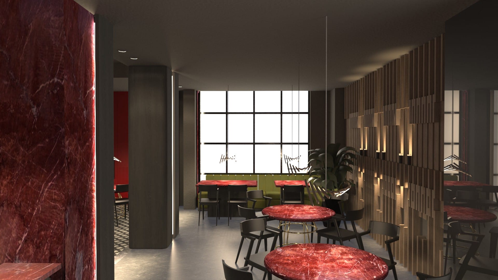 a room with tables and chairs