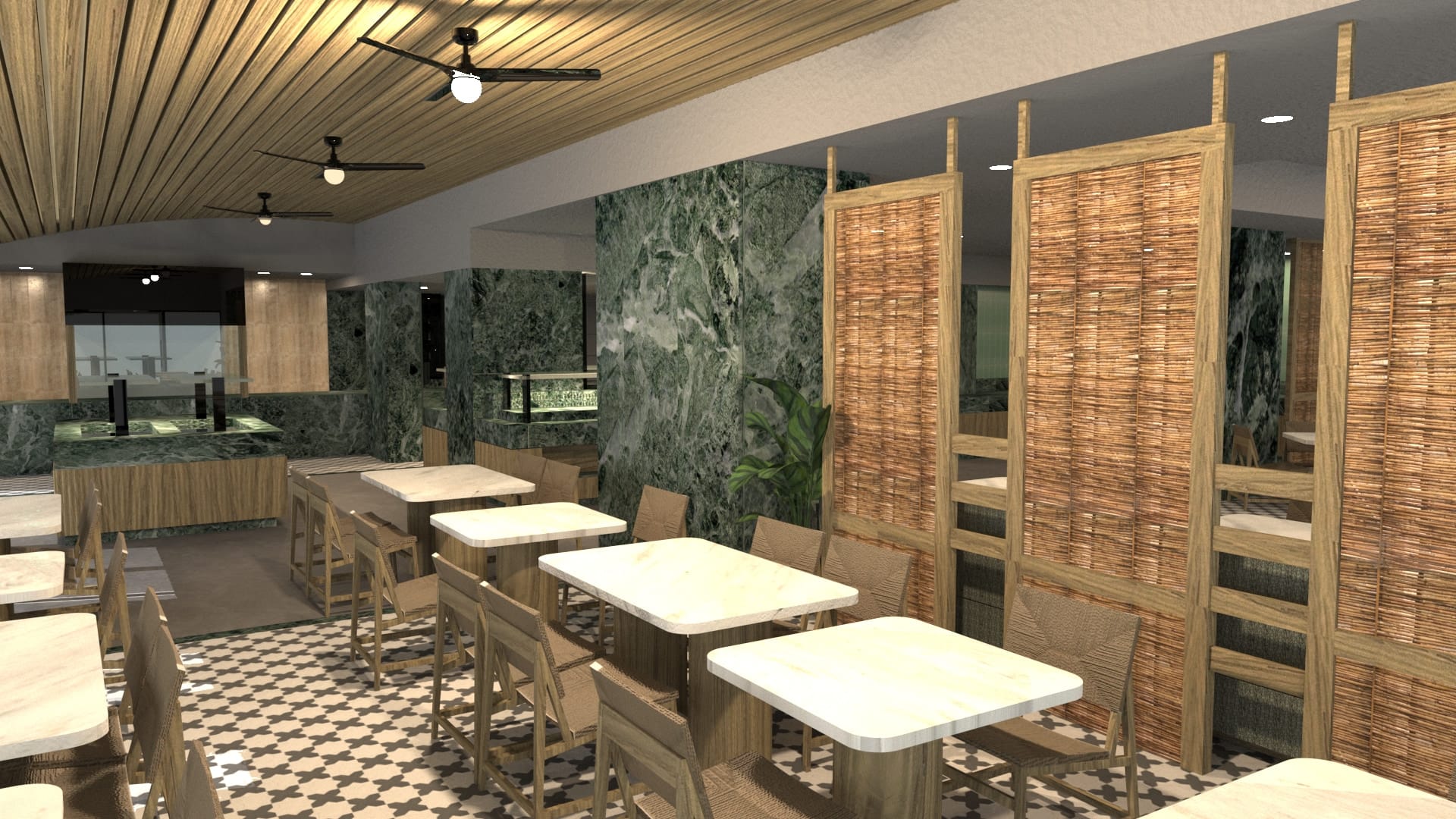 a room with tables and chairs