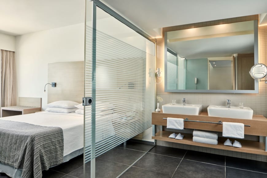 a bathroom with a glass shower
