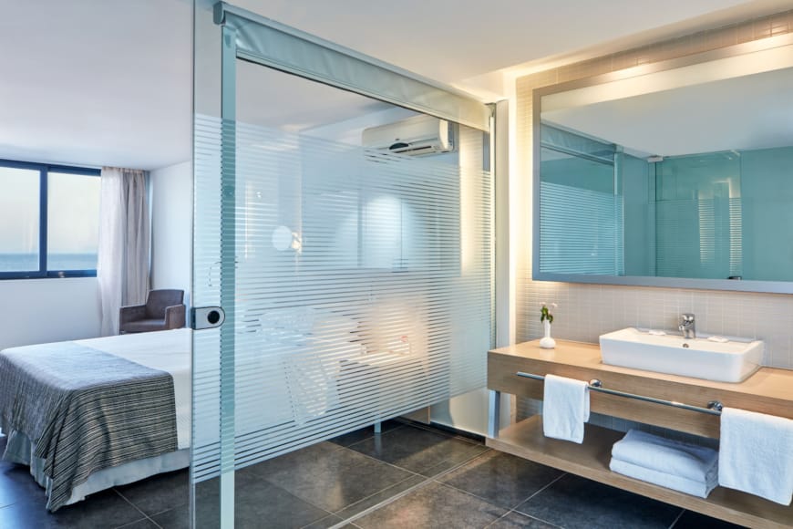 a bathroom with a glass shower