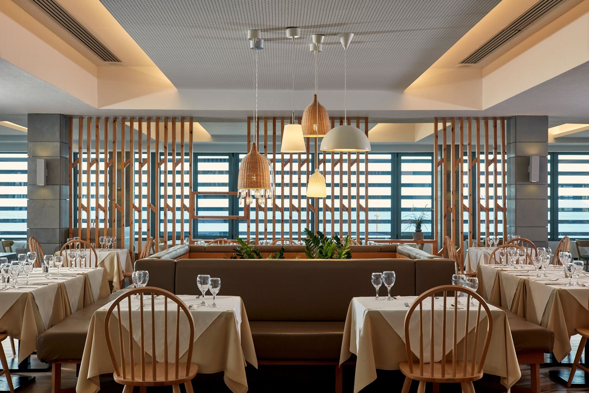 a room with tables and chairs