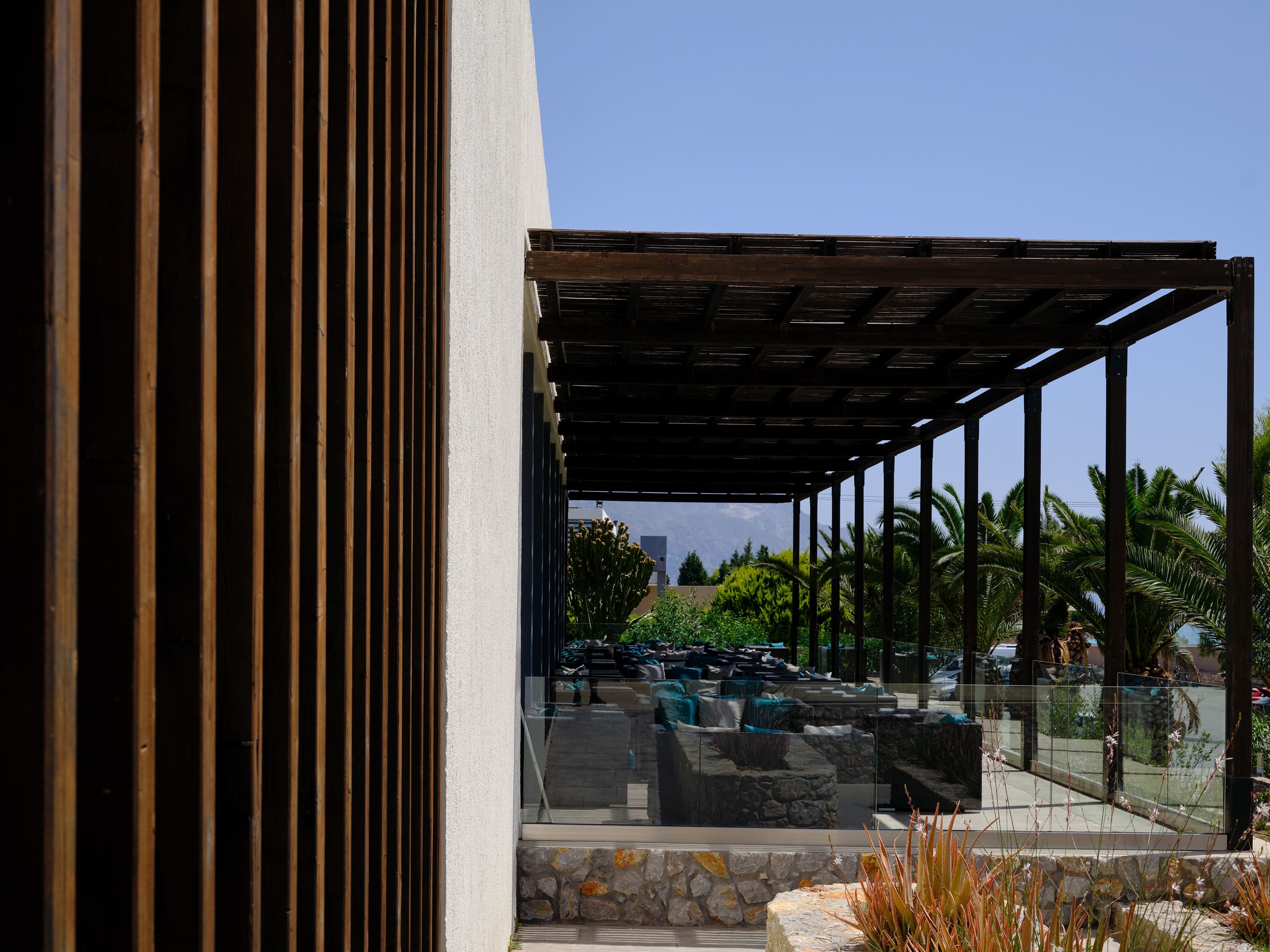 a building with a covered patio