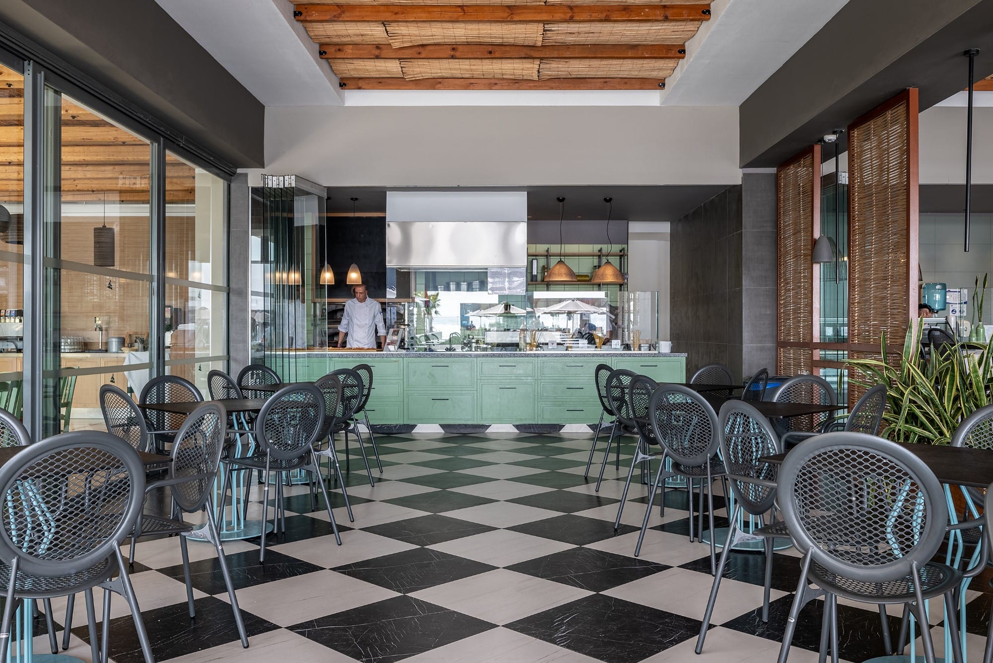 a person standing in a restaurant