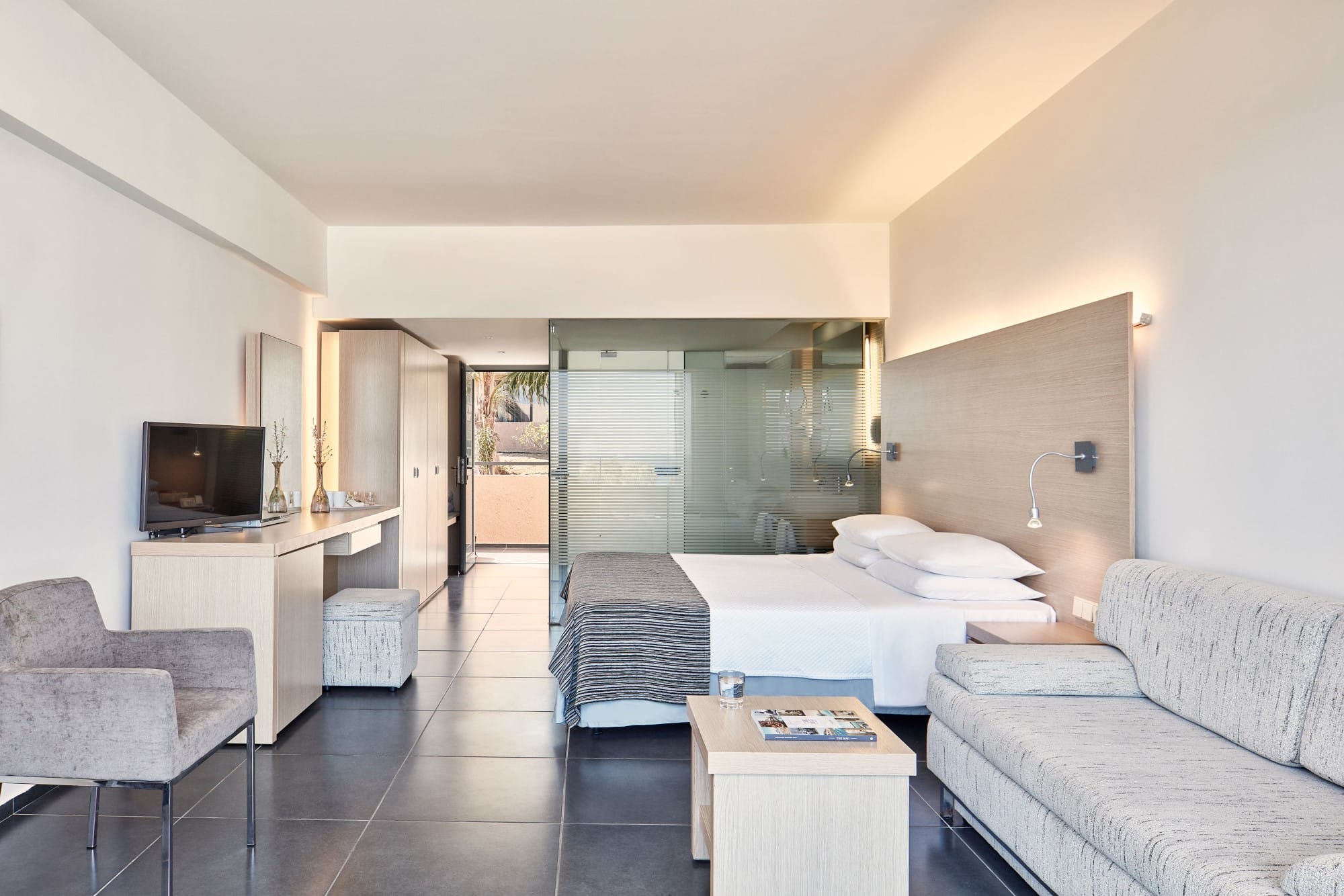 a room with a bed and a tv