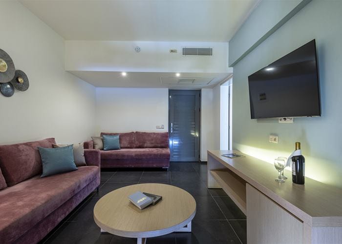 a living room with a tv and couches