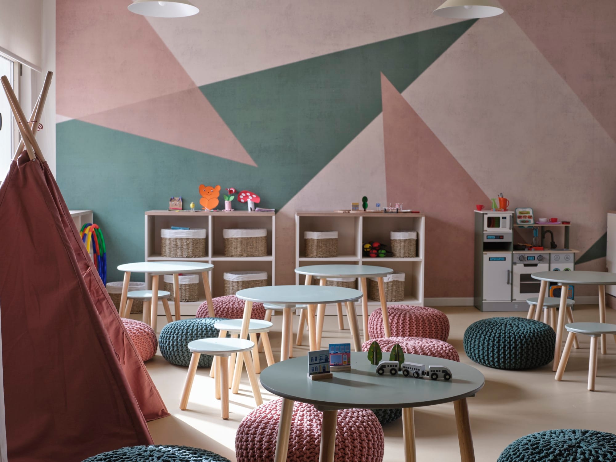 a room with tables and chairs