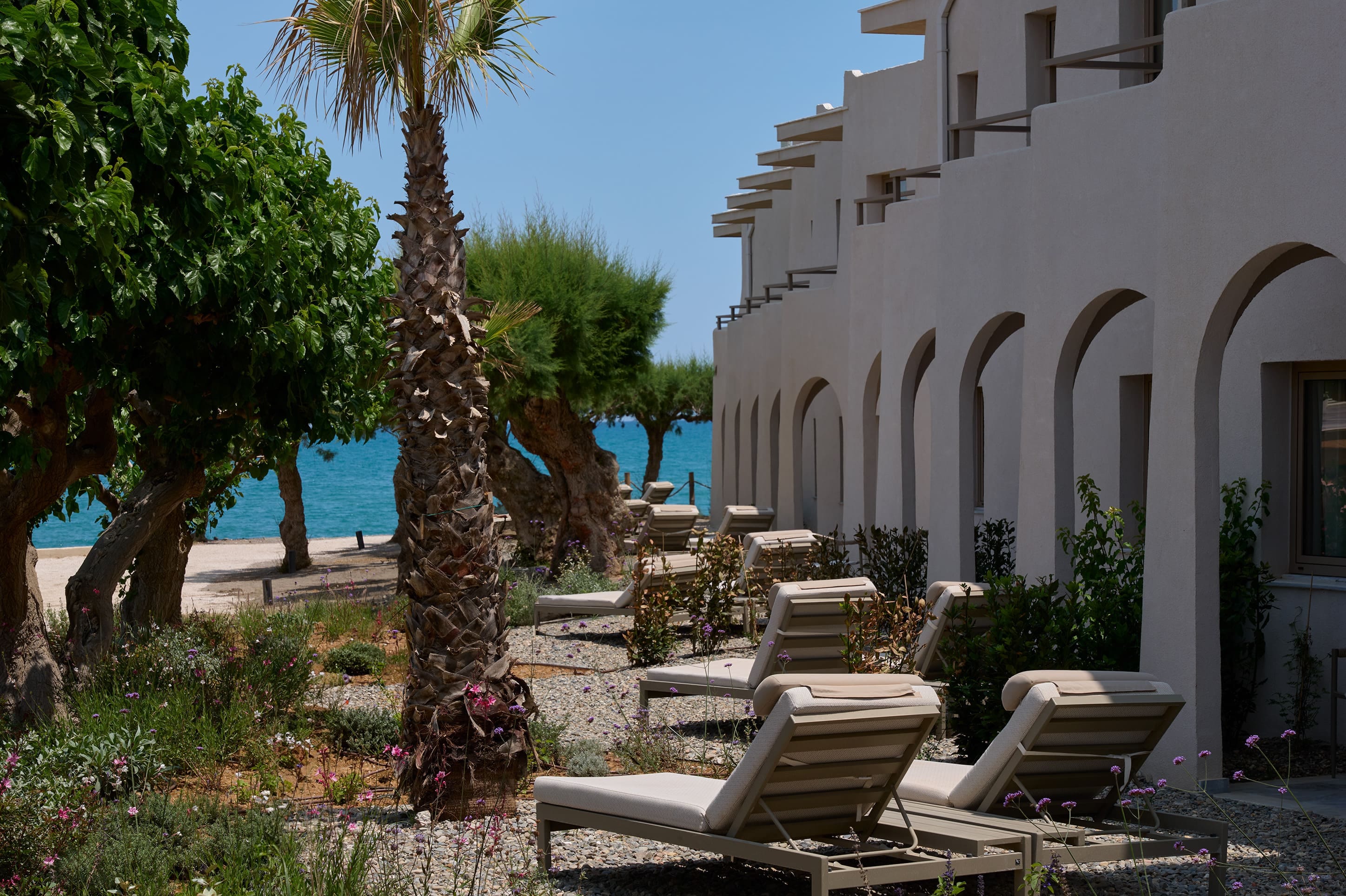 a building with palm trees and chairs