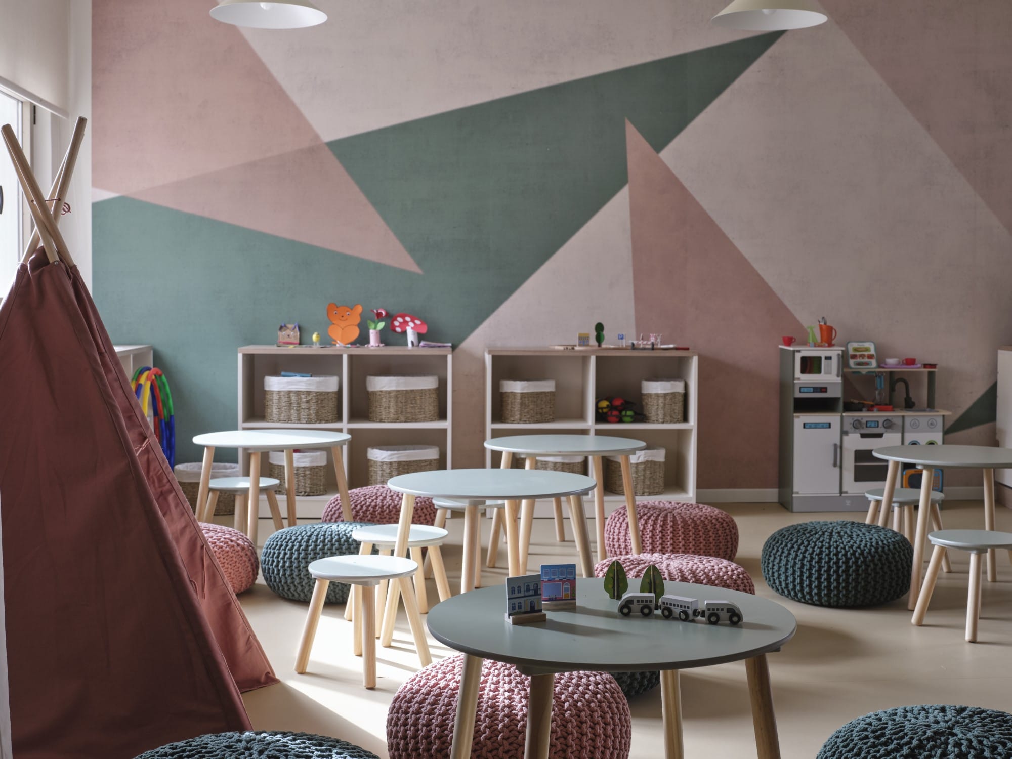 a room with tables and chairs