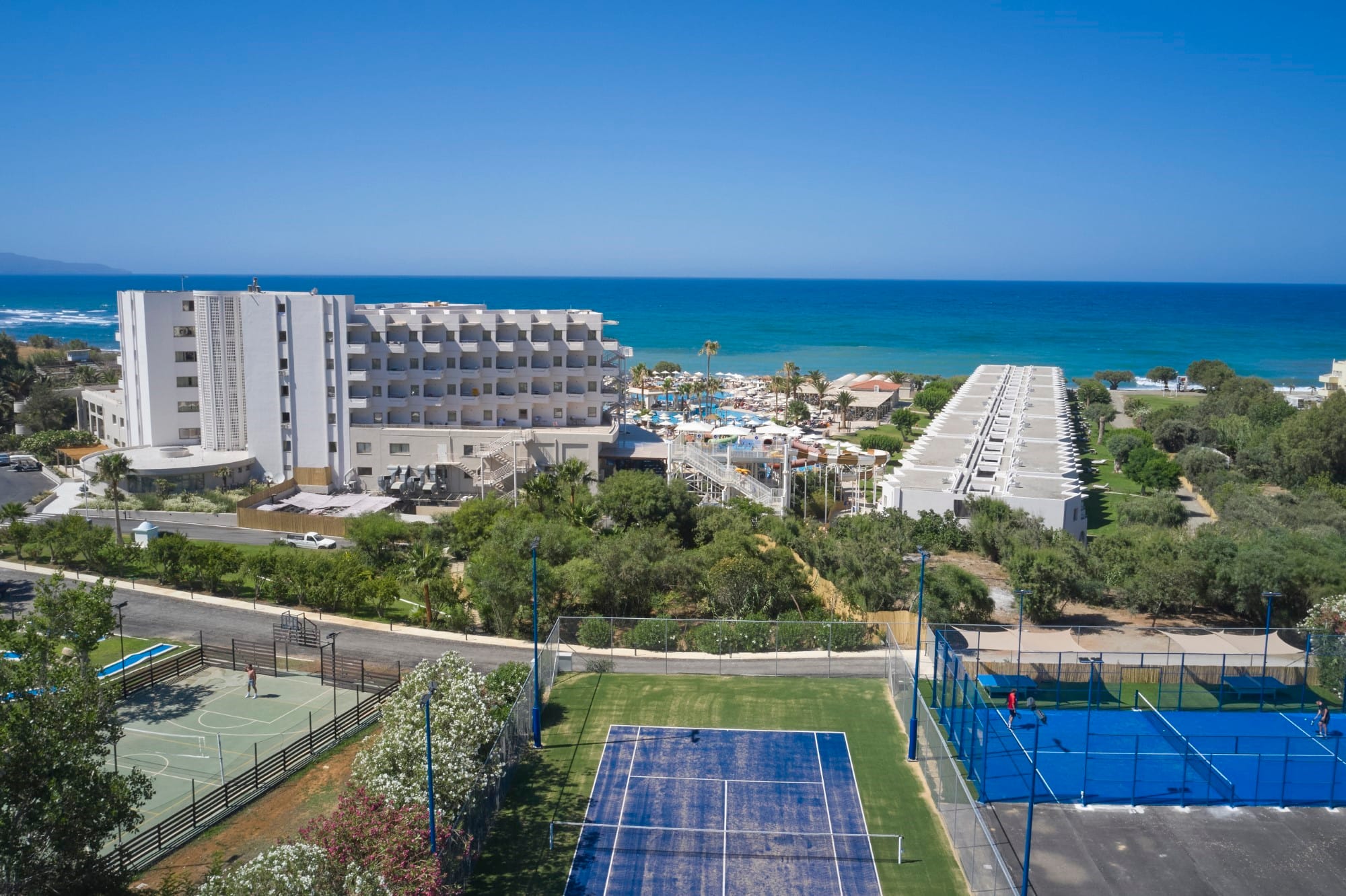 a high angle view of a swimming pool and a building