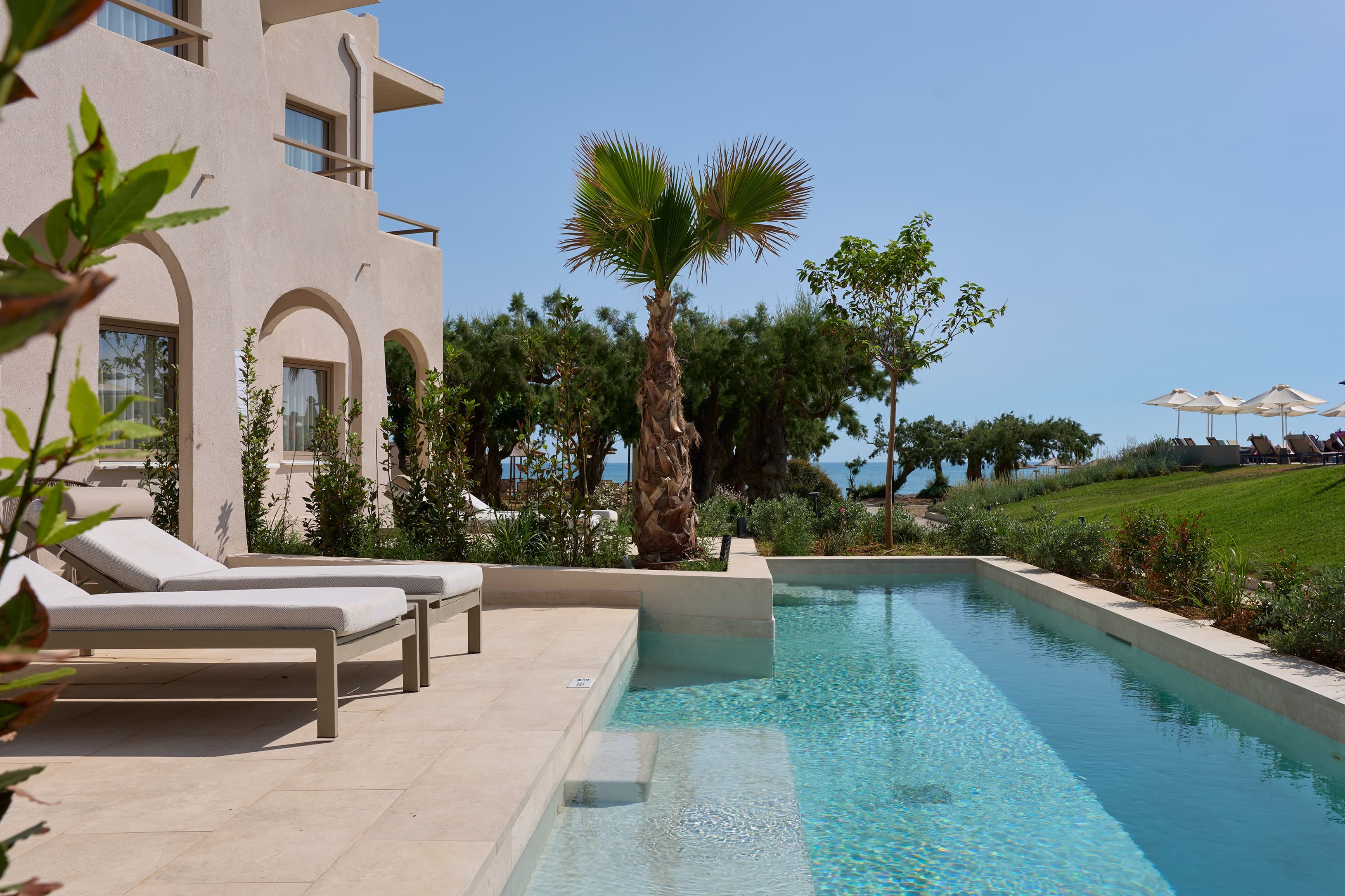 a pool next to a building