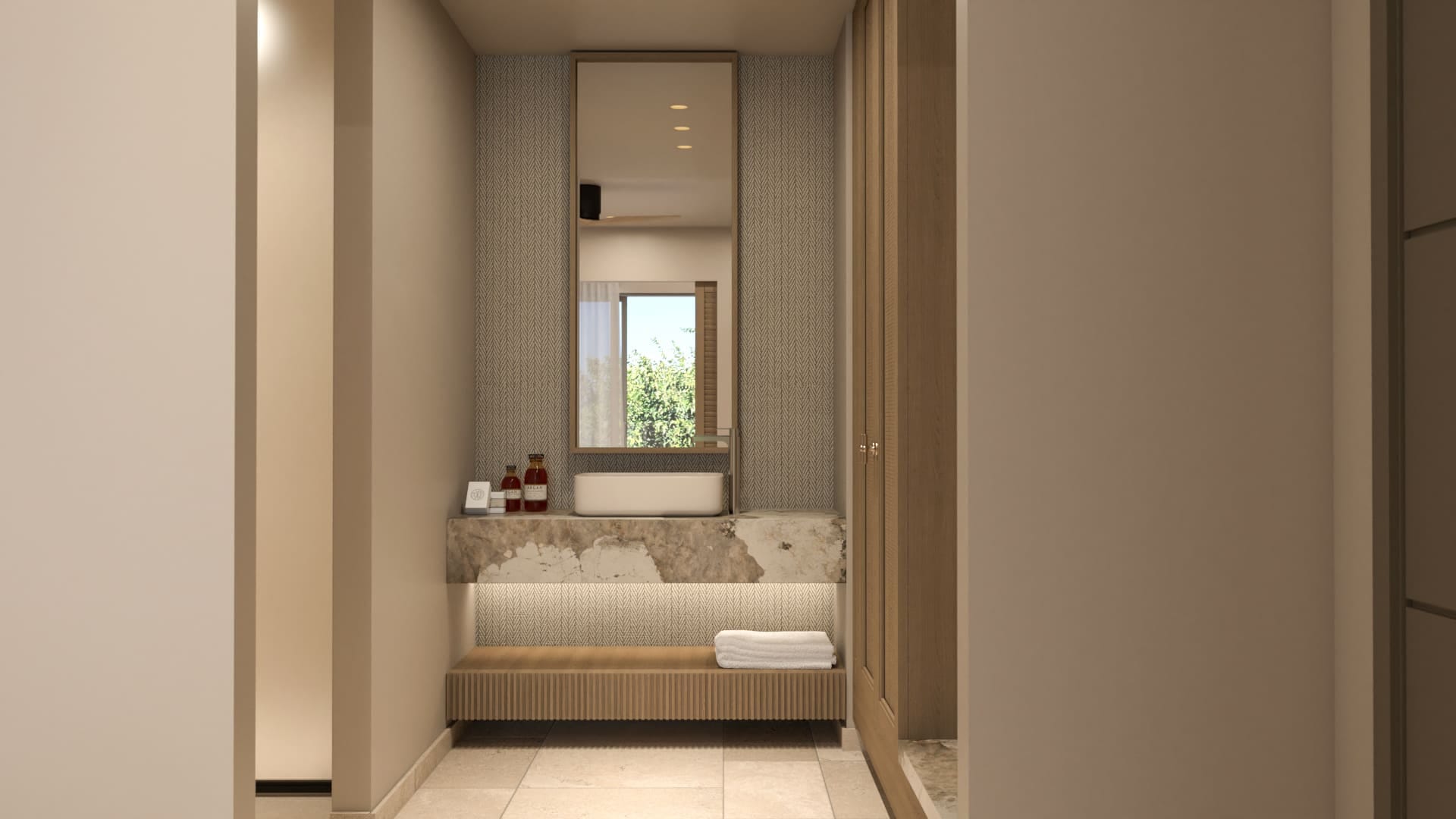 a room with a bed and a mirror