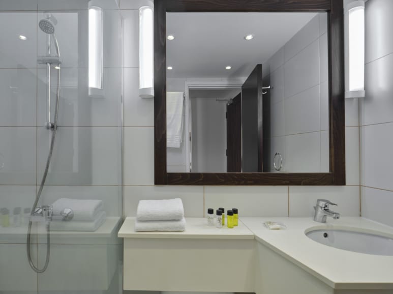 a bathroom with a large mirror