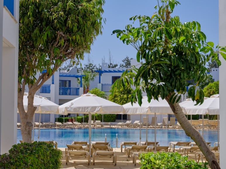 a pool with chairs and umbrellas by it