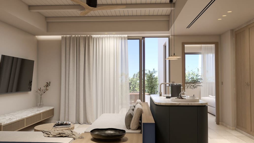 a bathroom with a tub sink and a large window