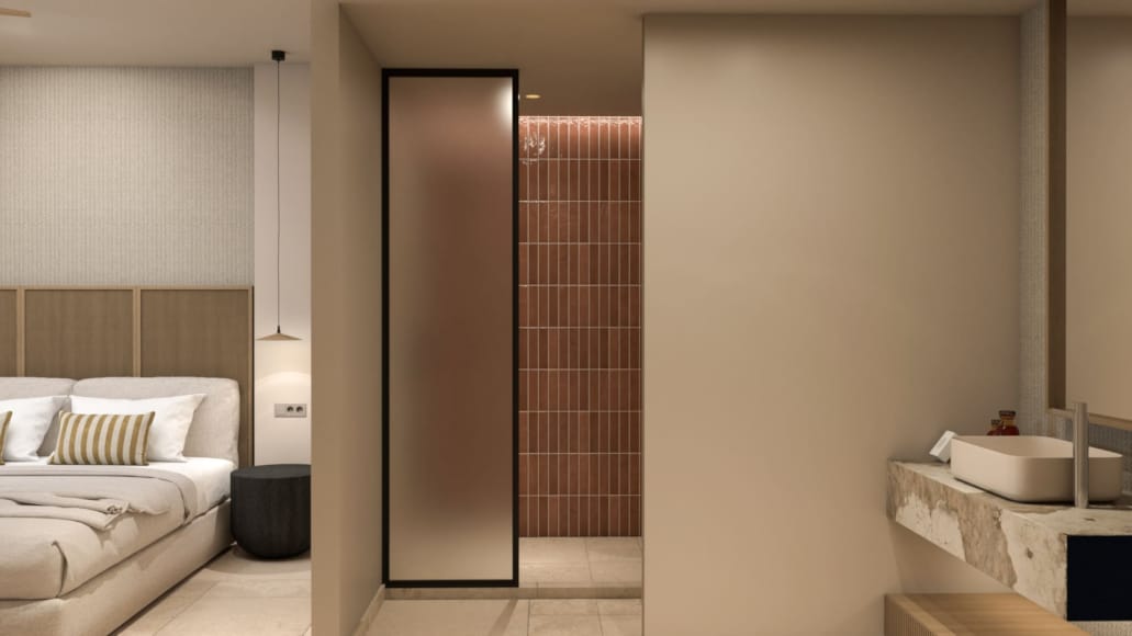 a room with a bed and a shower