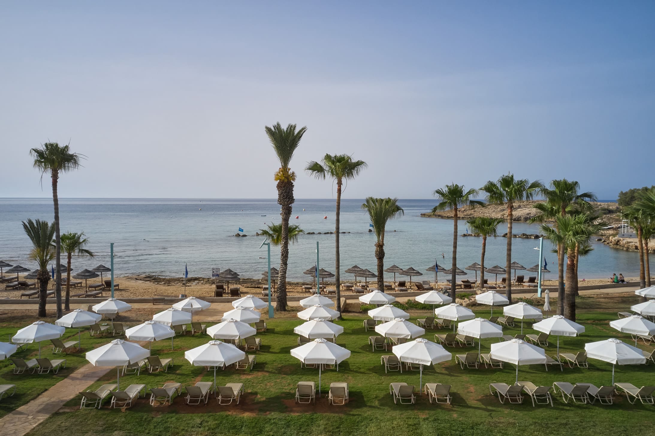 a beach with many umbrellas