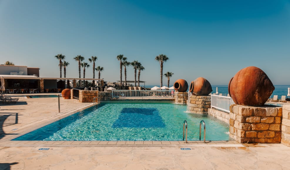 a pool with a stone wall and palm trees in the background