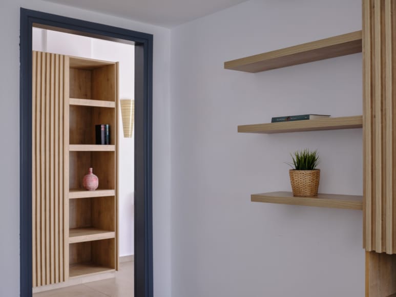 a room with a shelf and a plant in it