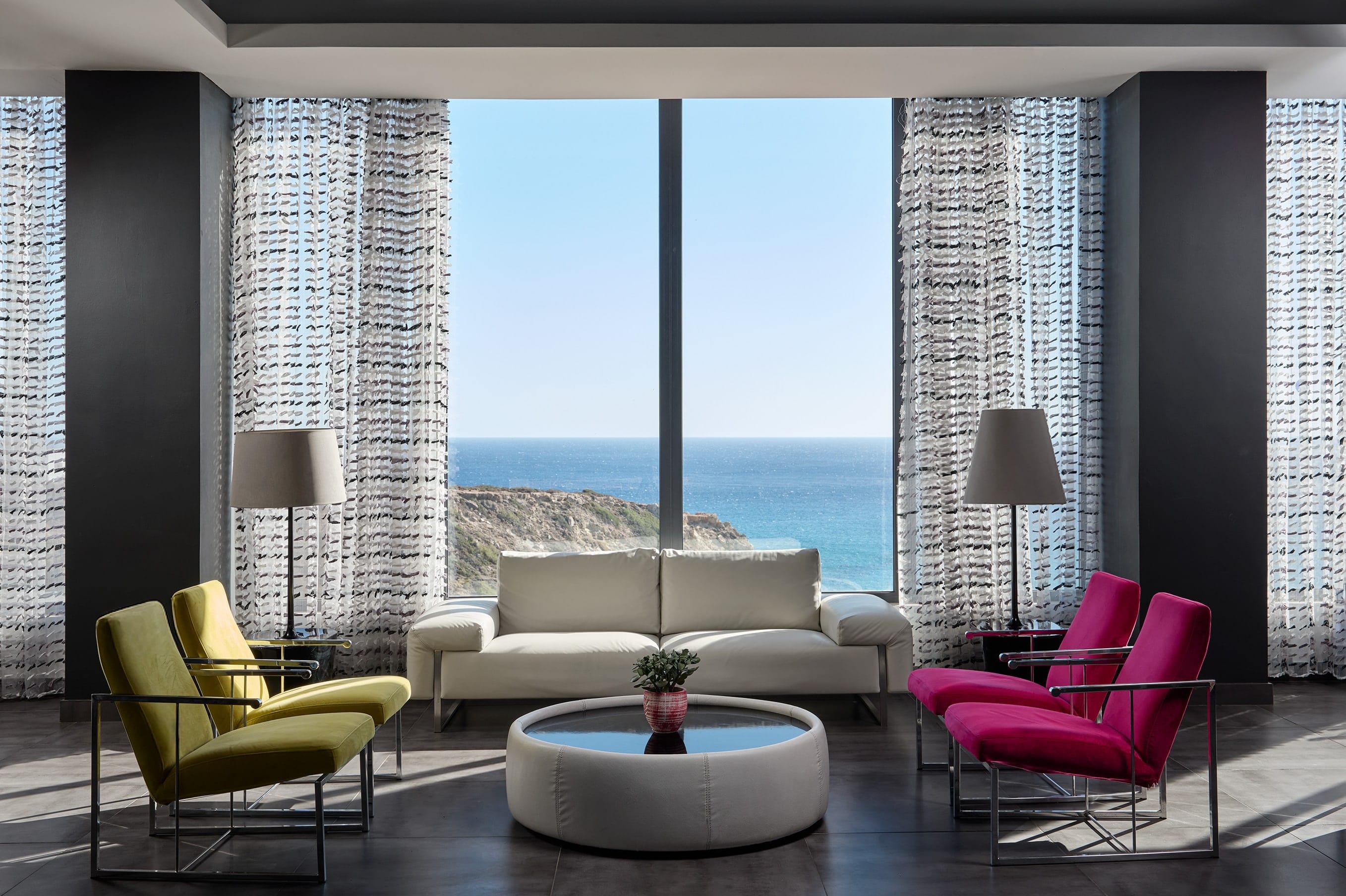 a living room with a large window